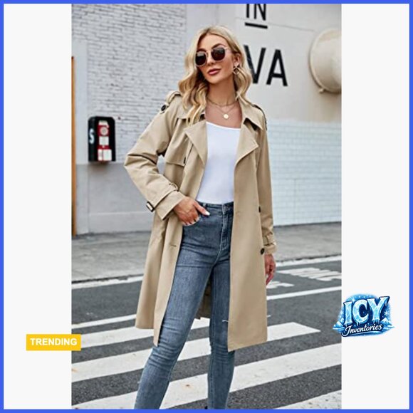 Double Breasted Long Trench Coat Windproof Slim Overcoat with Belt - Picture 4 of 7